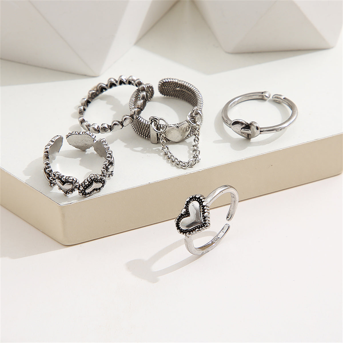 Silver-Plated Heart Ring Set, jewelry gift sets for women, botanical inspired, styled look
