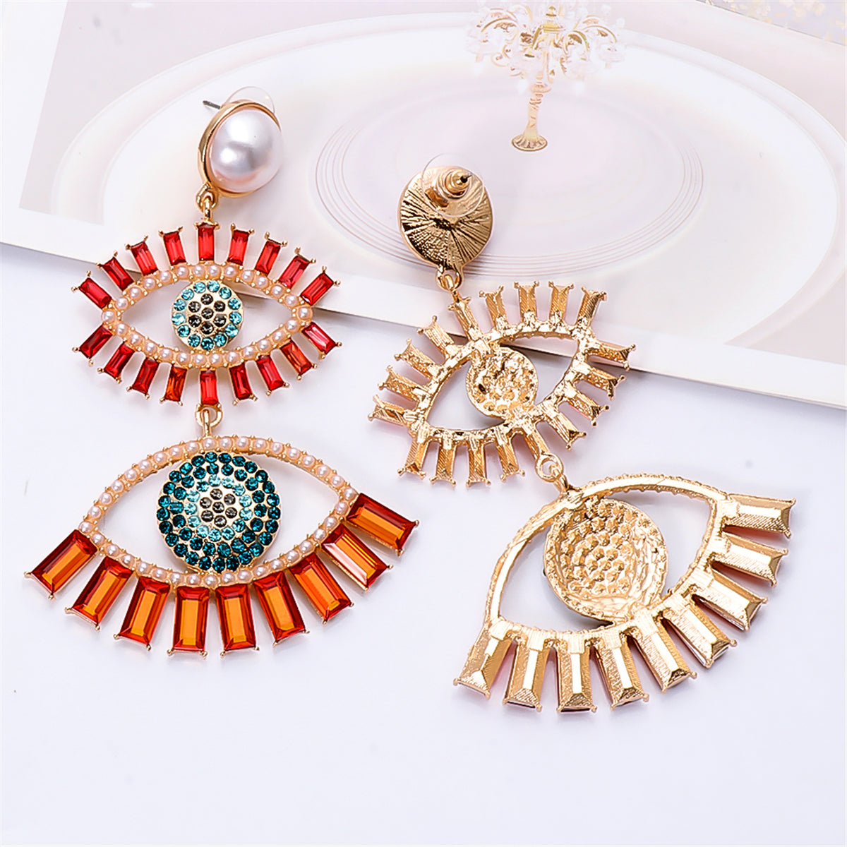 Red Crystal & Cubic Zirconia Evil Eye Drop Earrings