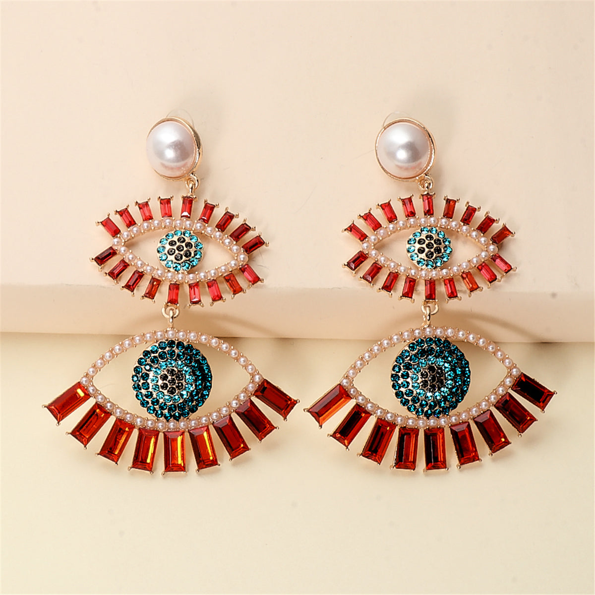 Red Crystal & Cubic Zirconia Evil Eye Drop Earrings