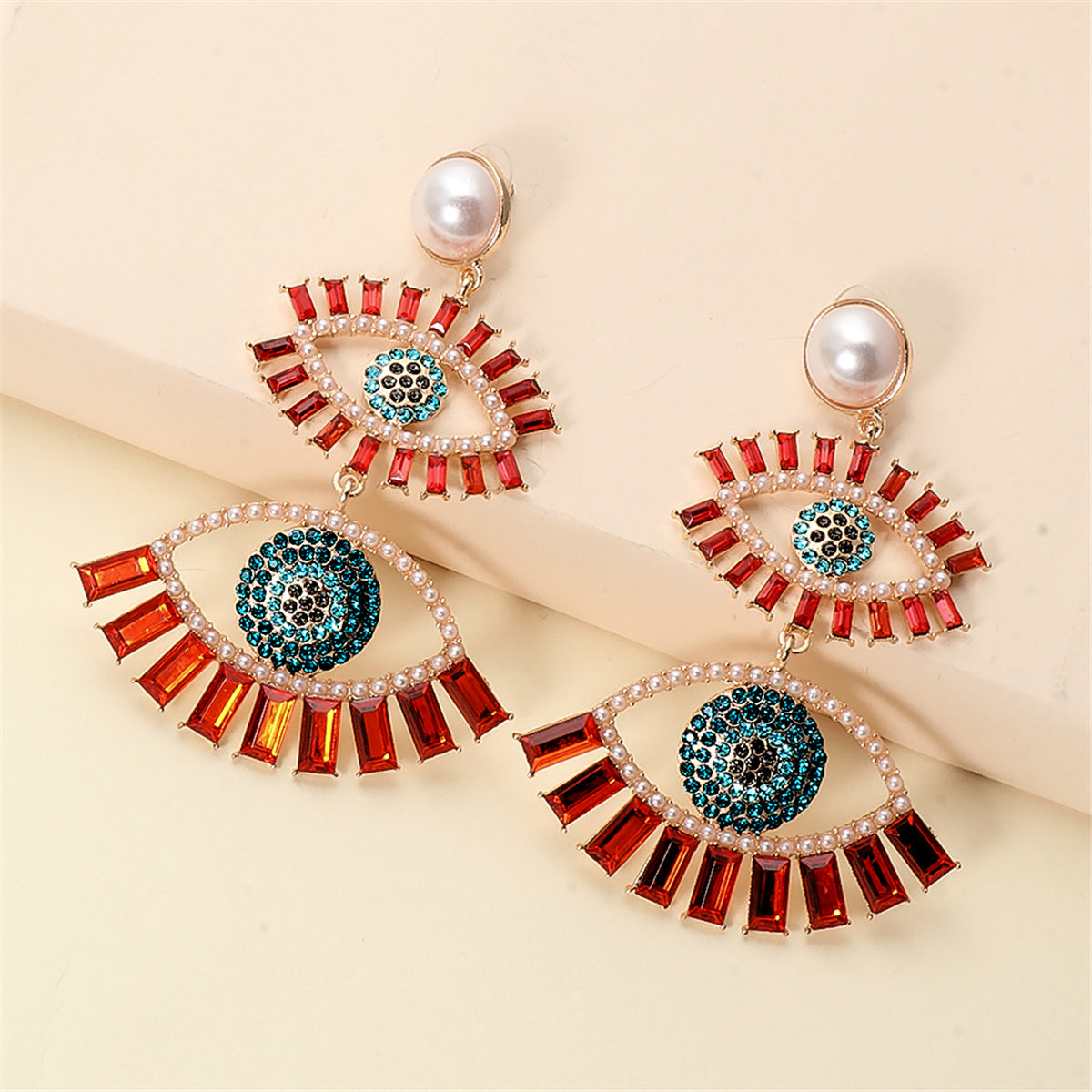 Red Crystal & Cubic Zirconia Evil Eye Drop Earrings