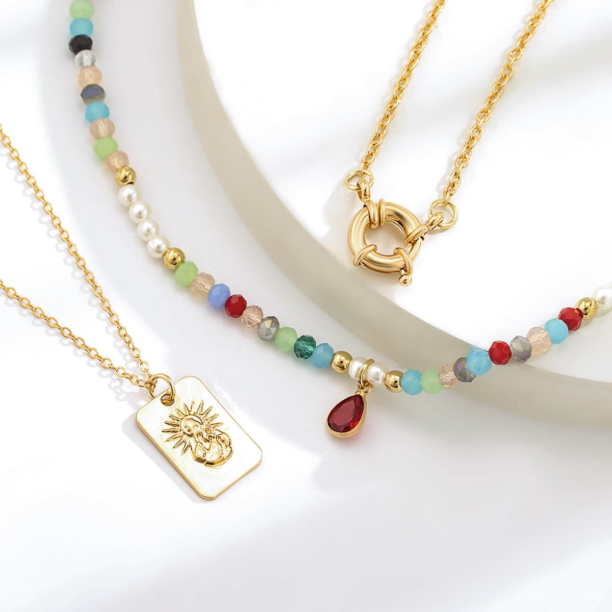 Acrylic and Crystal Pendant Necklace Set, jewelry gift sets for women, botanical inspired, detail close-up