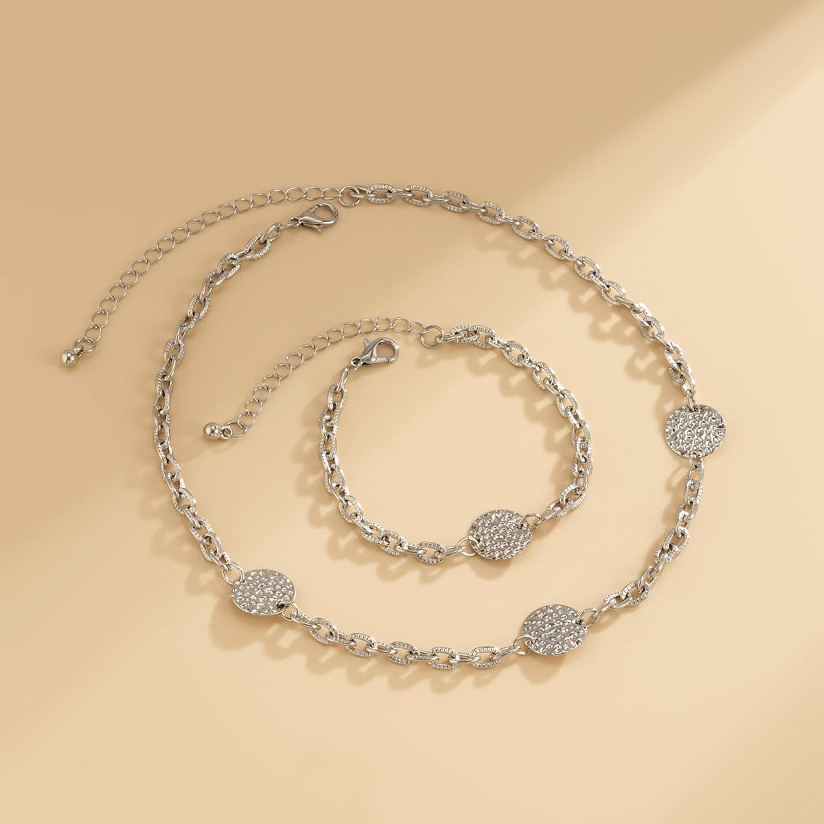 Silver-Plated Hammered Round Station Necklace & Bracelet