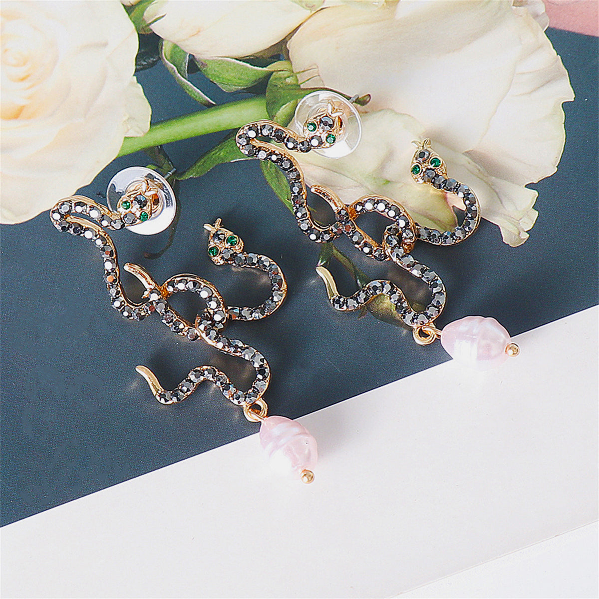 Black Cubic Zirconia & Pearl 18K Gold-Plated Double Snake Drop Earrings