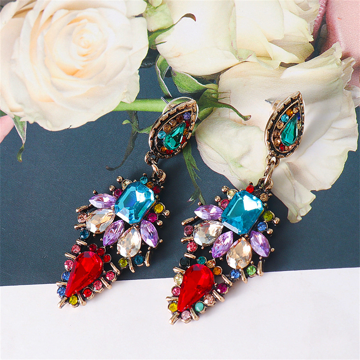 Red Multicolor Crystal & Cubic Zirconia Leaf Drop Earrings