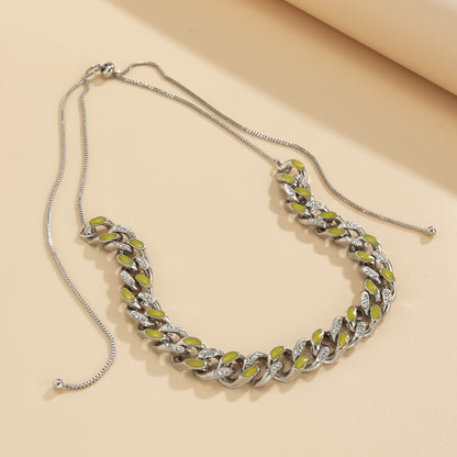 Cubic Zirconia and Enamel Silver-Plated Curb Chain Necklace, silver pendant necklace for women, front view