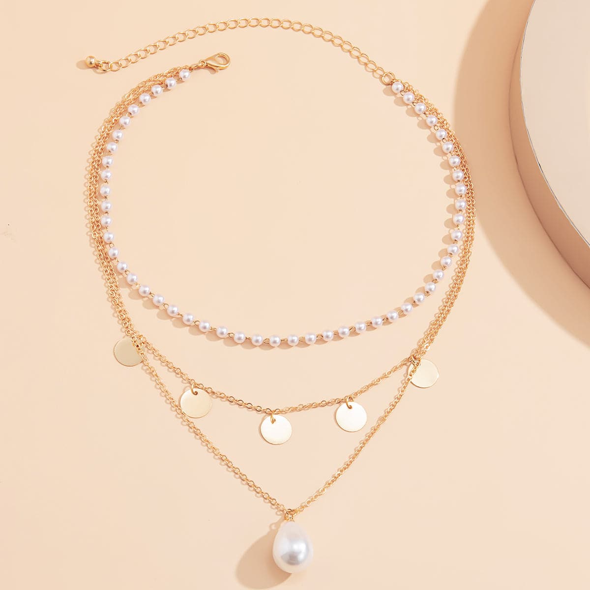 Pearl and 18K Gold-Plated Sequin Layered Pendant Necklace, gold pendant necklace for women, everyday style, lifestyle look