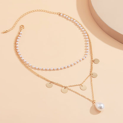 Pearl and 18K Gold-Plated Sequin Layered Pendant Necklace, gold pendant necklace for women, everyday style, styled look