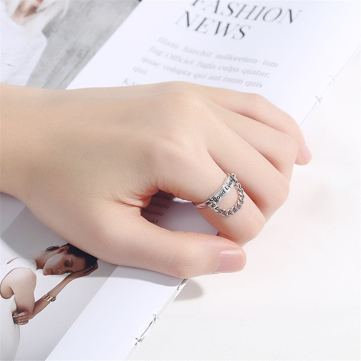 Silver-Plated 'Good Luck' Chain Open Ring