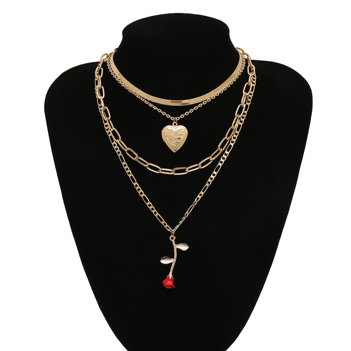 Red Enamel & 18K Gold-Plated Rose Heart Layered Pendant Necklace