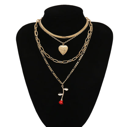 Red Enamel & 18K Gold-Plated Rose Heart Layered Pendant Necklace