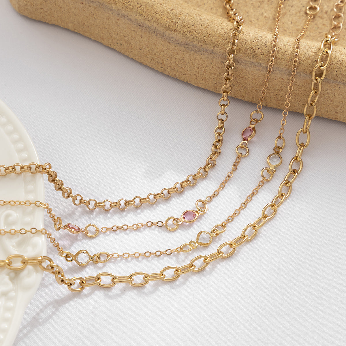 Pink Cubic Zirconia & 18K Gold-Plated Station Anklet Set