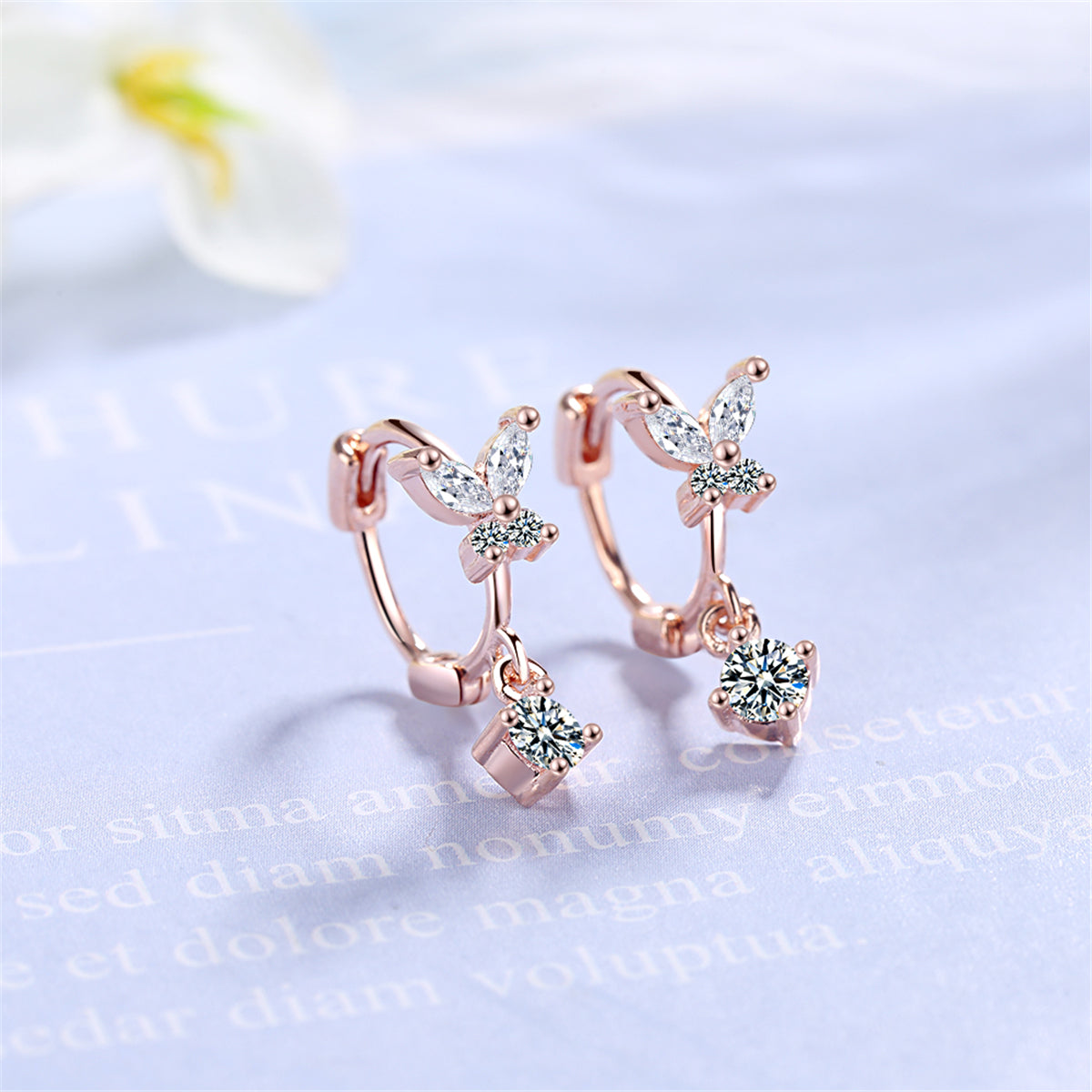 Cubic Zirconia & 18K Rose Gold-Plated Butterfly Drop Earrings