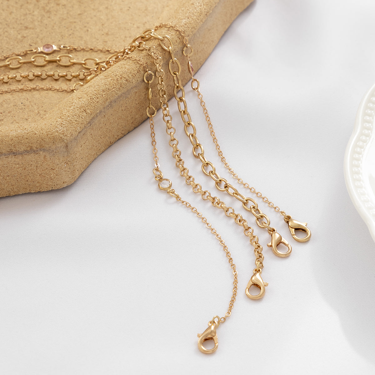 Pink Cubic Zirconia & 18K Gold-Plated Station Anklet Set