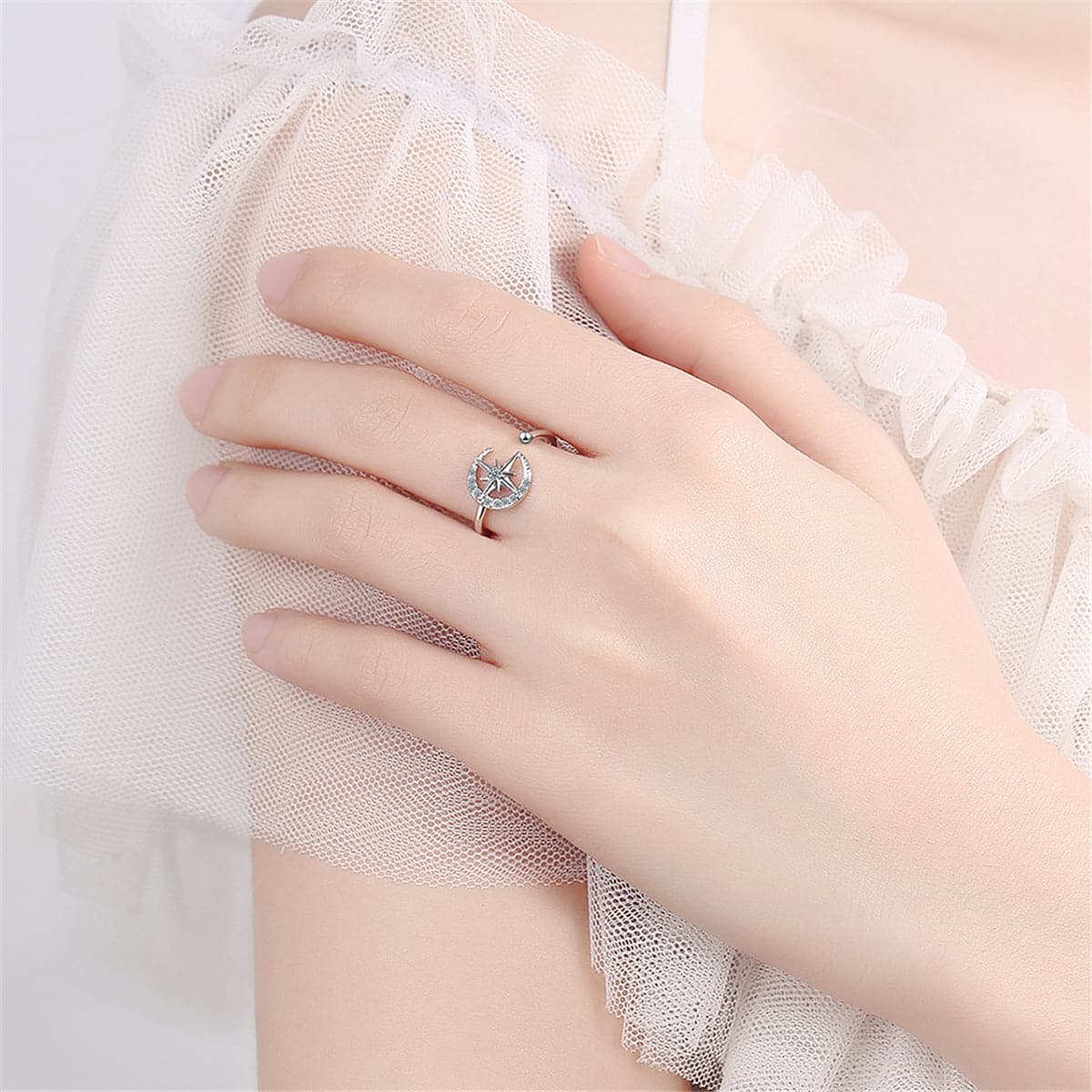 Cubic Zirconia & Silver-Plated Moon & Star Open Ring
