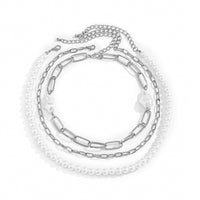 Pearl & Silvertone Figaro Chain Necklace Set
