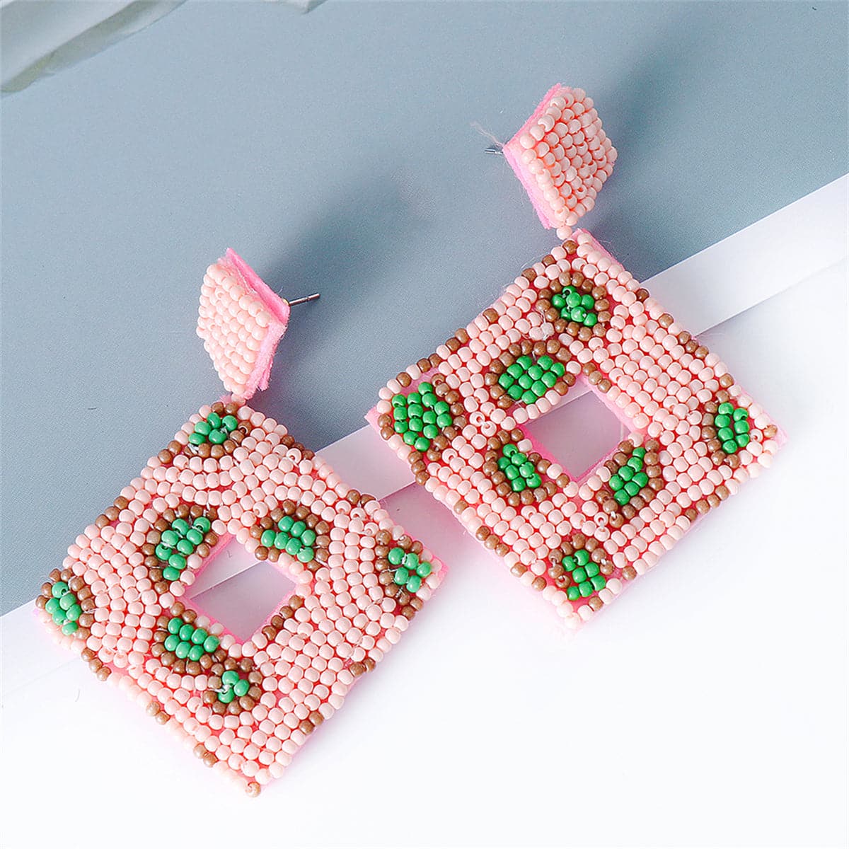 Pink & White Howlite Open Square Drop Earrings