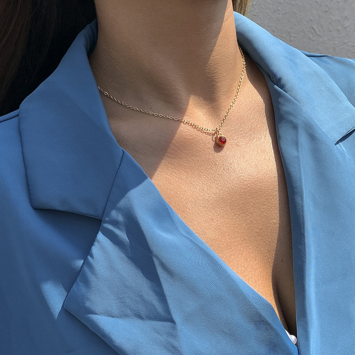 Red Cubic Zirconia and 18K Gold-Plated Round Bezel Pendant Necklace, gold pendant necklace for women, lifestyle look