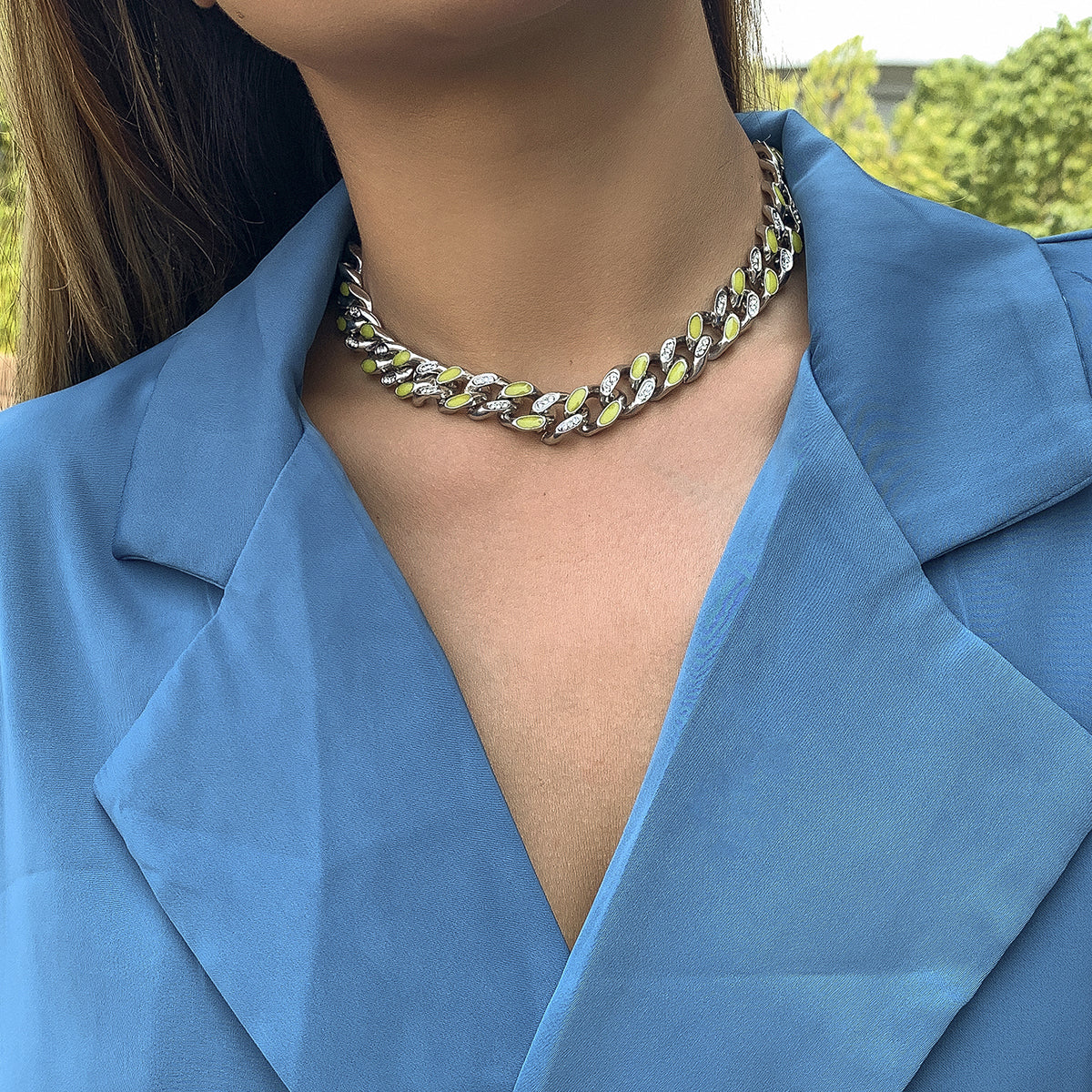 Cubic Zirconia and Enamel Silver-Plated Curb Chain Necklace, silver pendant necklace for women, detail close-up