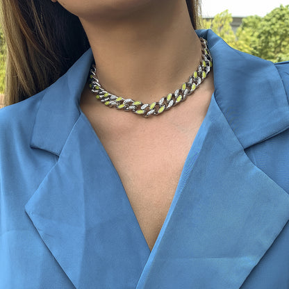 Cubic Zirconia and Enamel Silver-Plated Curb Chain Necklace, silver pendant necklace for women, detail close-up