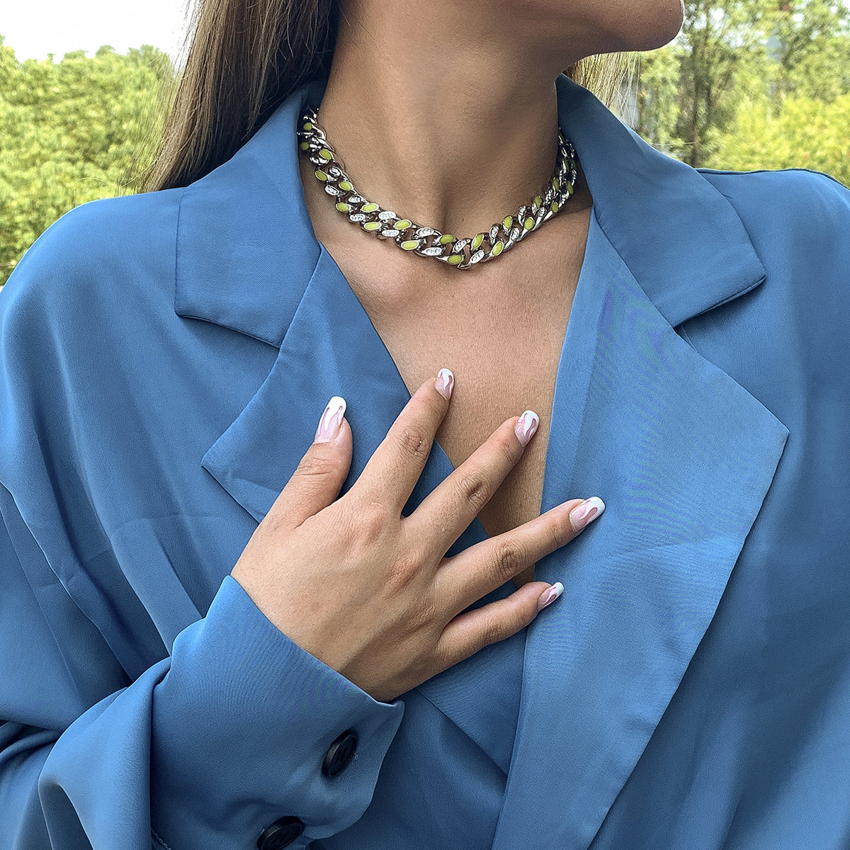 Cubic Zirconia and Enamel Silver-Plated Curb Chain Necklace, silver pendant necklace for women, lifestyle look