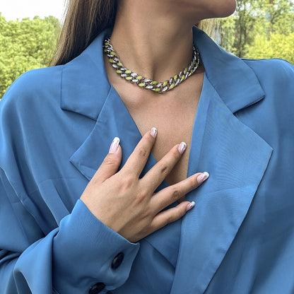 Cubic Zirconia and Enamel Silver-Plated Curb Chain Necklace, silver pendant necklace for women, lifestyle look