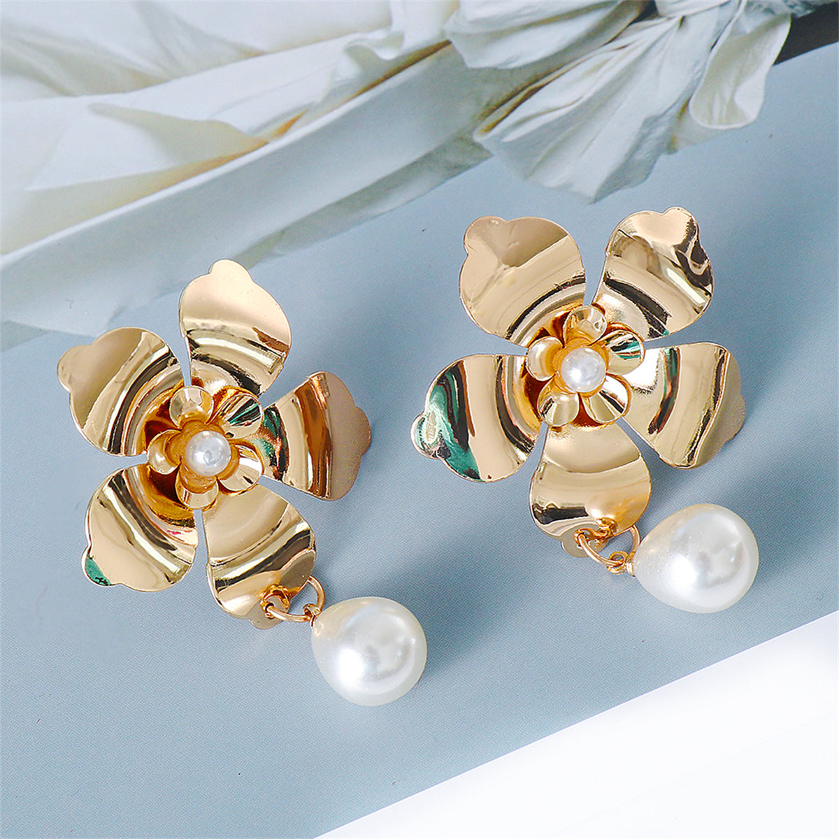 Pearl & 18K Gold-Plated Flower Drop Earrings