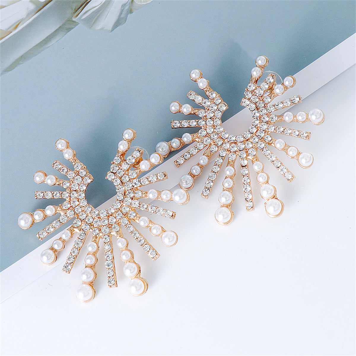 Cubic Zirconia & Pearl 18K Gold-Plated Sun Stud Earrings