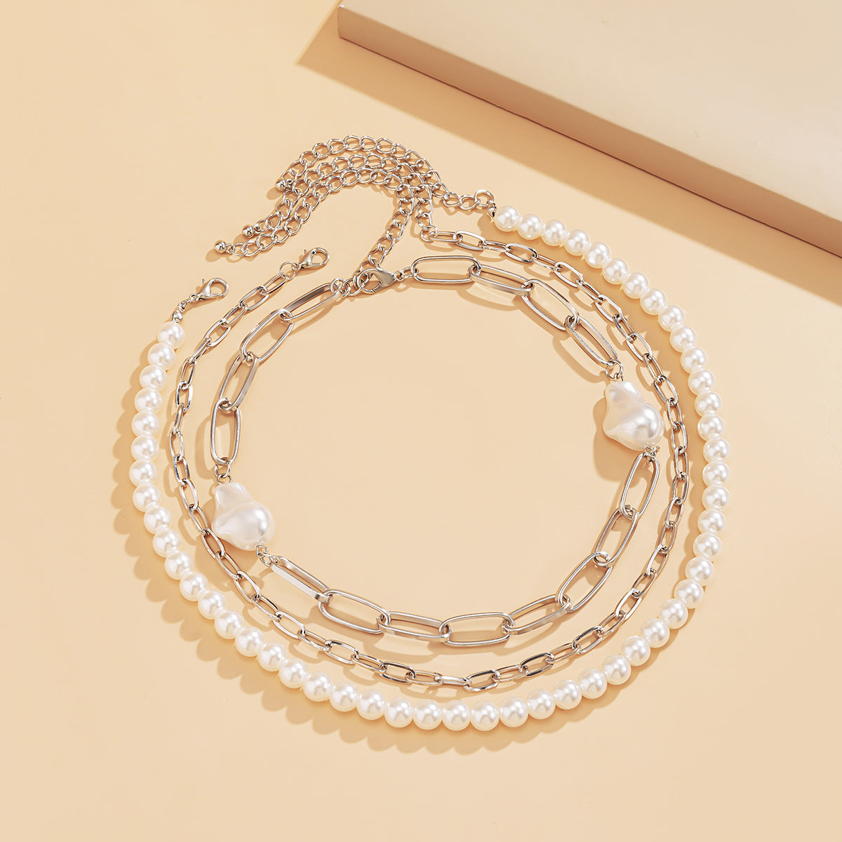 Pearl & Silver-Plated Figaro Chain Necklace Set