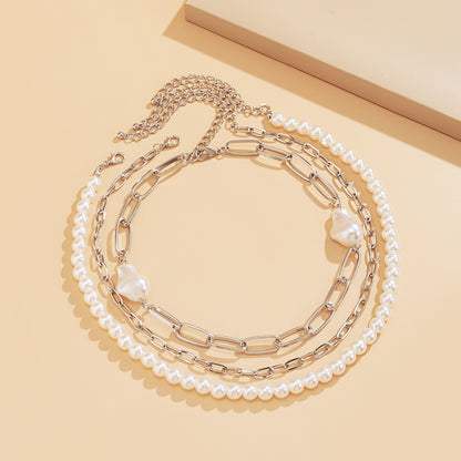 Pearl and Silver-Plated Figaro Chain Necklace Set, jewelry gift sets for women, dainty minimalist design, styled look
