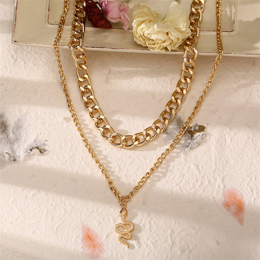 18K Gold-Plated Figaro Chain Snake Layered Pendant Necklace, gold pendant necklace for women, front view