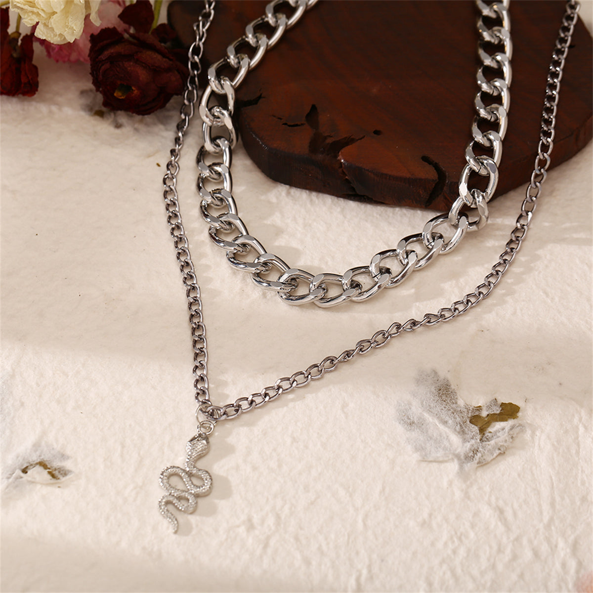 Silver-Plated Figaro Chain Snake Layered Pendant Necklace