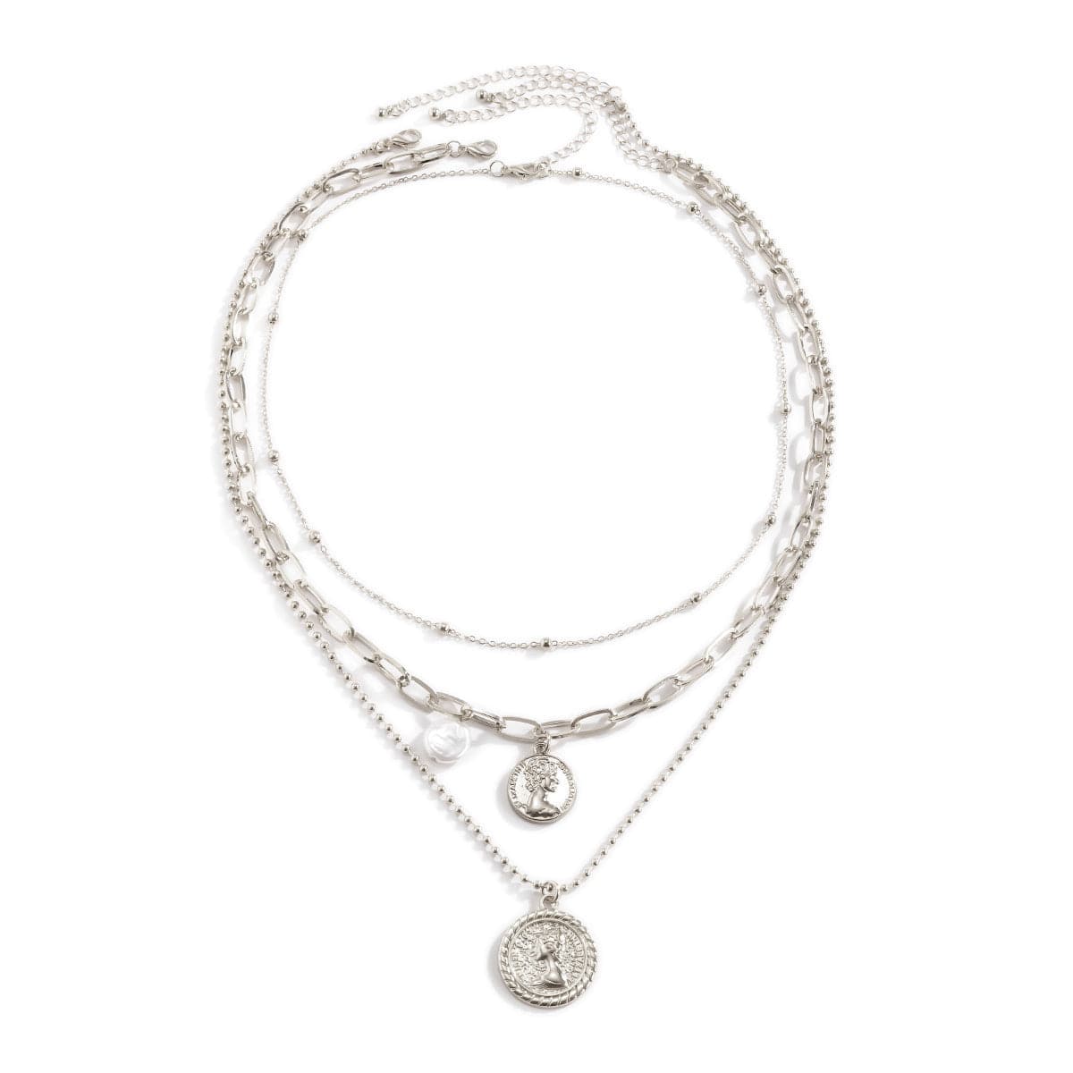 Pearl and Silver-Plated Coin Cable Chain Necklace Set, jewelry gift sets for women, elegant gift for her, side view