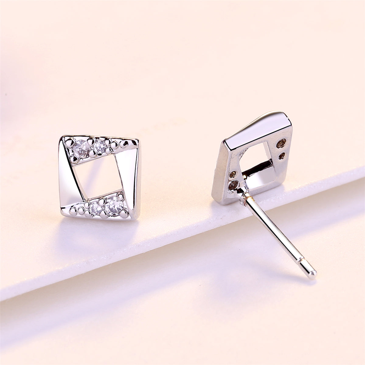 Cubic Zirconia and Silver-Plated Asymmetrical Rhombus Stud Earrings, silver stud earrings for women, lifestyle look