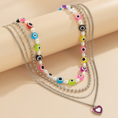 Pearl & Vibrant Acrylic Beaded Eye Heart Pendant Necklace Set