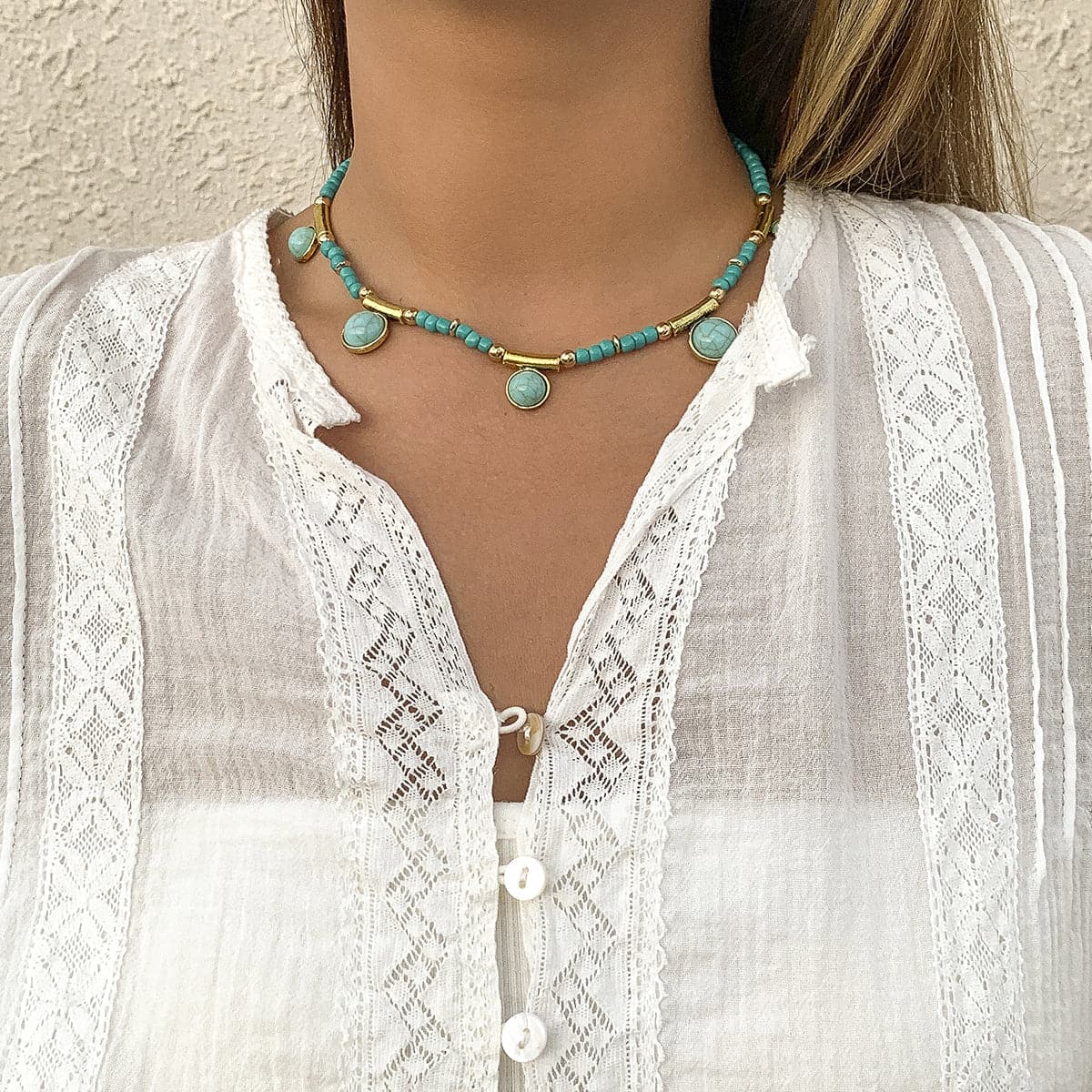 Turquoise & 18K Gold-Plated Round Station Necklace