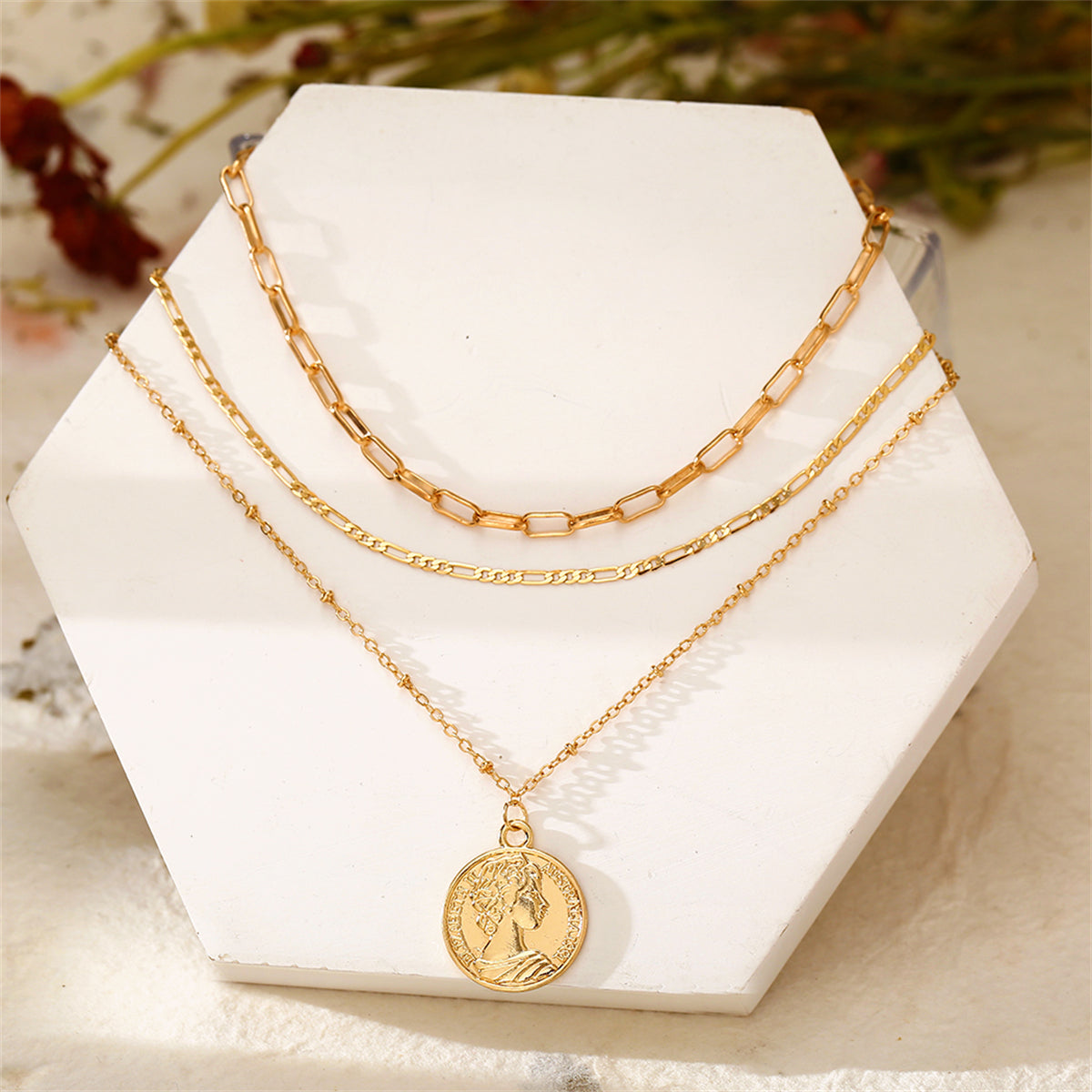 18K Gold-Plated Coin Layered Pendant Necklace, gold pendant necklace for women, elegant gift for her, detail close-up