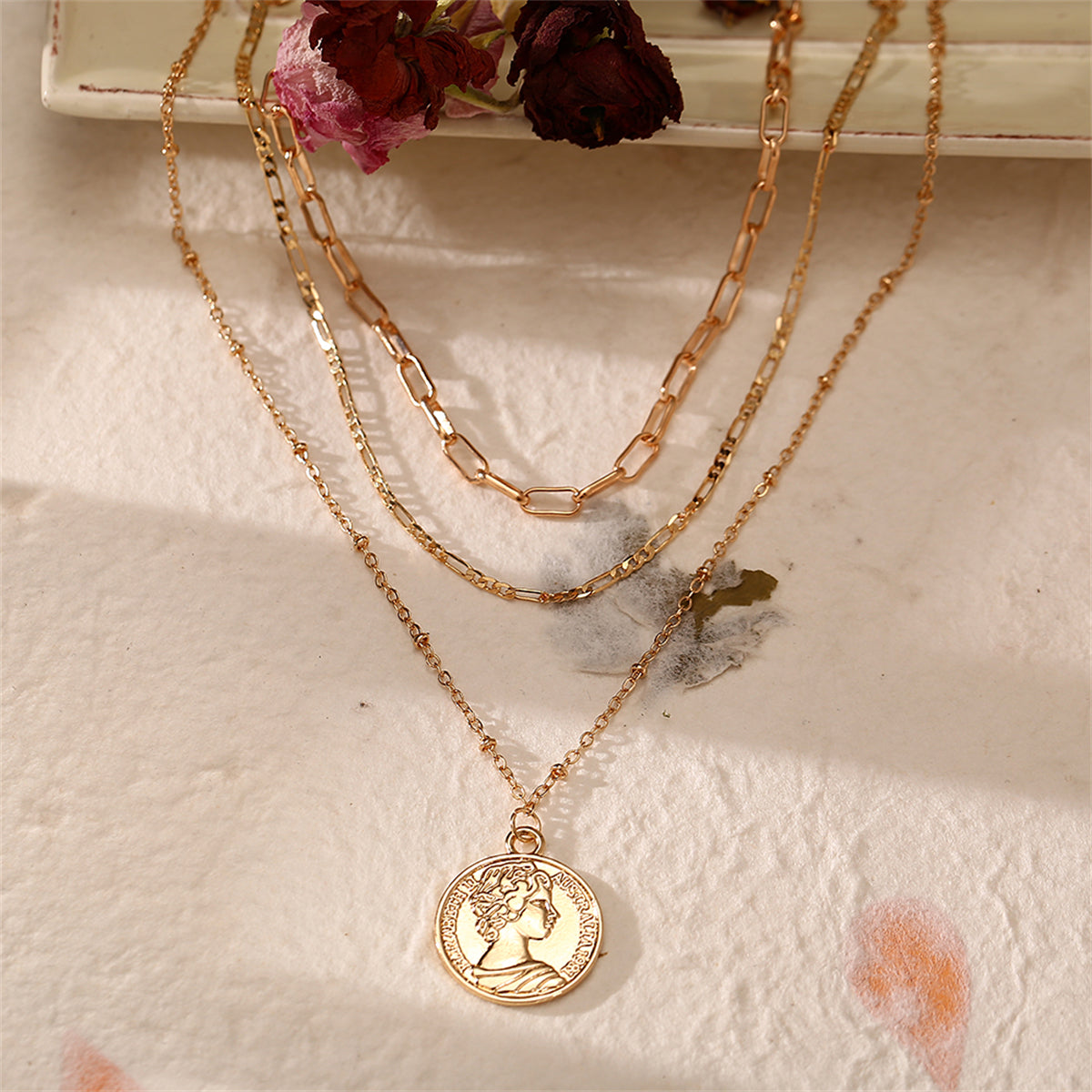 18K Gold-Plated Coin Layered Pendant Necklace, gold pendant necklace for women, elegant gift for her, lifestyle look
