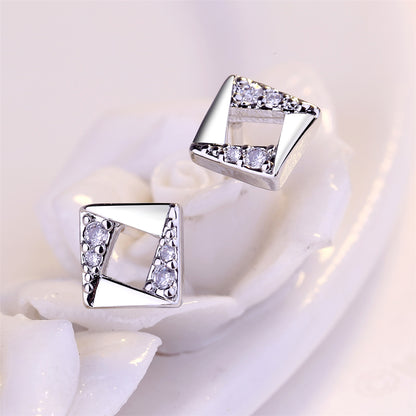 Cubic Zirconia and Silver-Plated Asymmetrical Rhombus Stud Earrings, silver stud earrings for women, side view