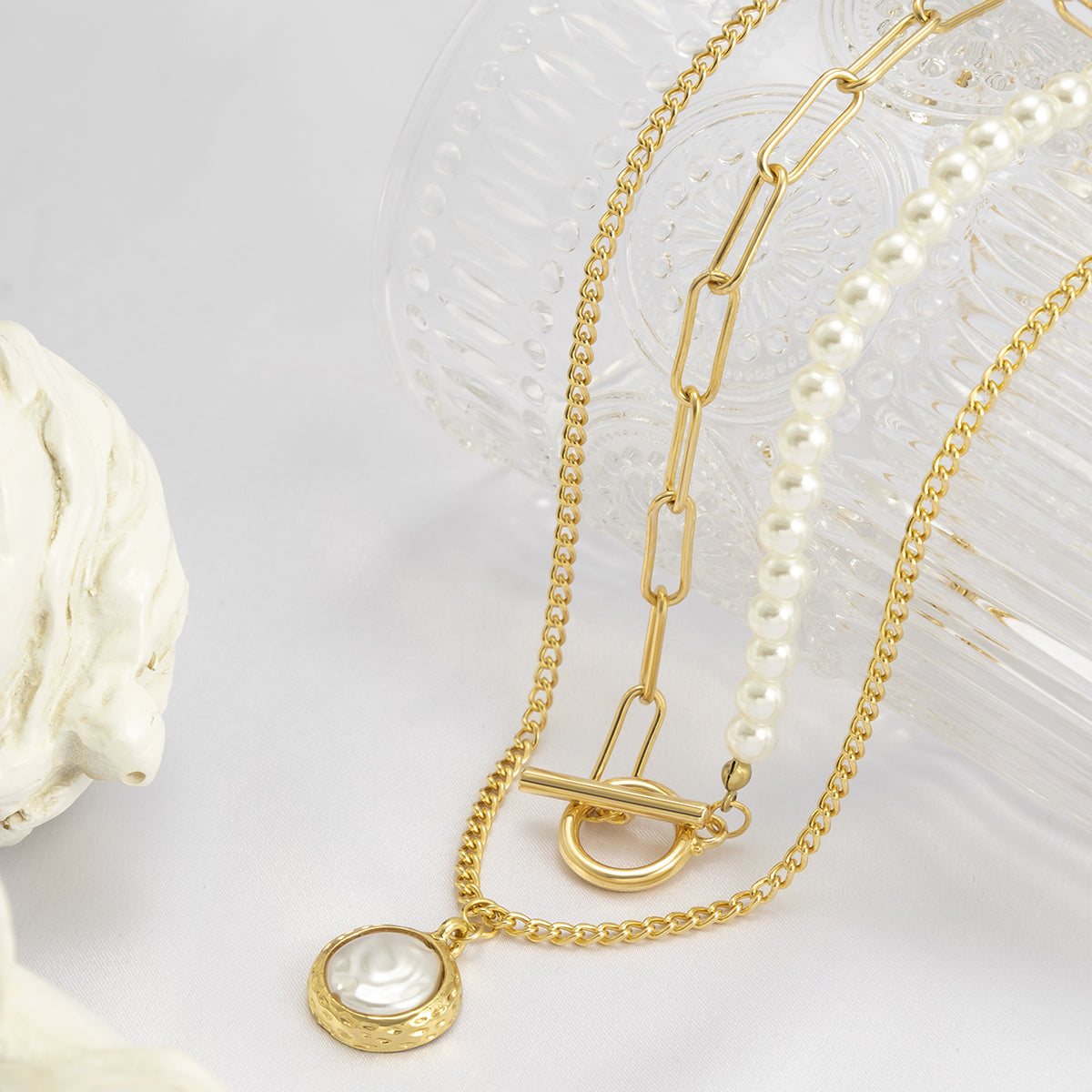 Pearl and 18K Gold-Plated Toggle Necklace Set, jewelry gift sets for women, everyday style, side view