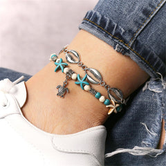 Turquoise & Silver-Plated Sea Lives Charm Anklet