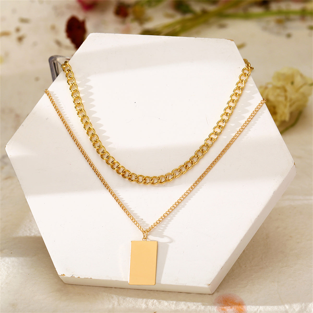 18K Gold-Plated Rectangle Layered Pendant Necklace, gold pendant necklace for women, elegant gift for her, detail close-up