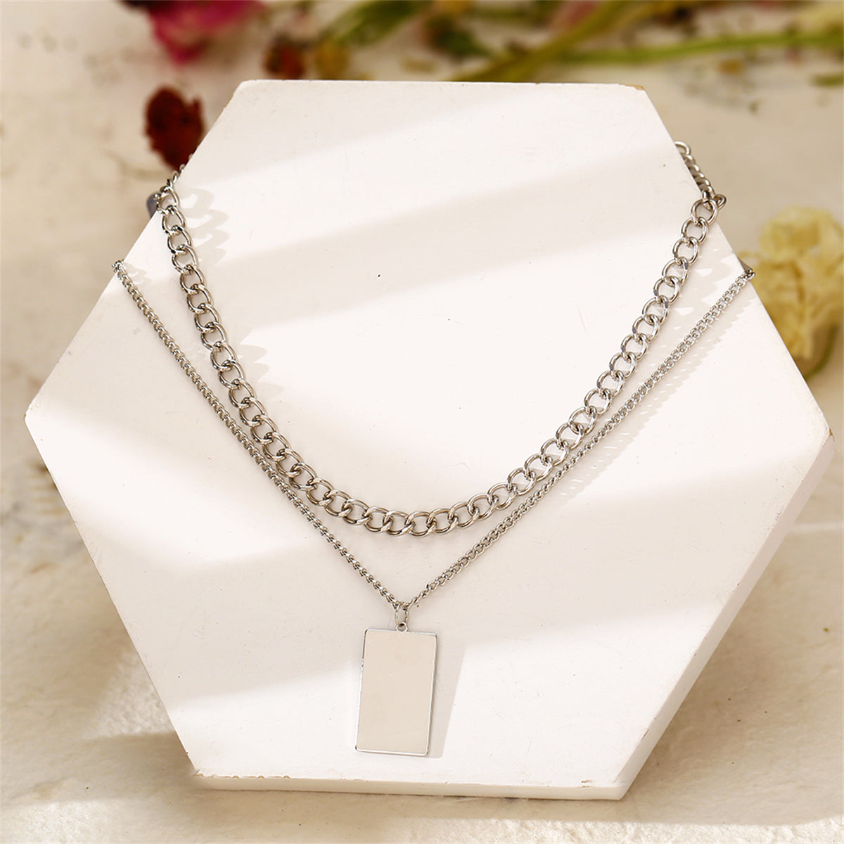 Silver-Plated Rectangle Layered Pendant Necklace, silver pendant necklace for women, everyday style, detail close-up