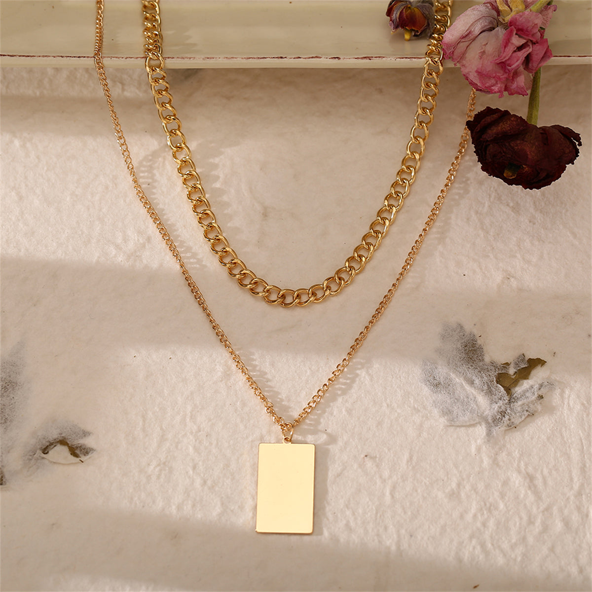 18K Gold-Plated Rectangle Layered Pendant Necklace, gold pendant necklace for women, elegant gift for her, lifestyle look