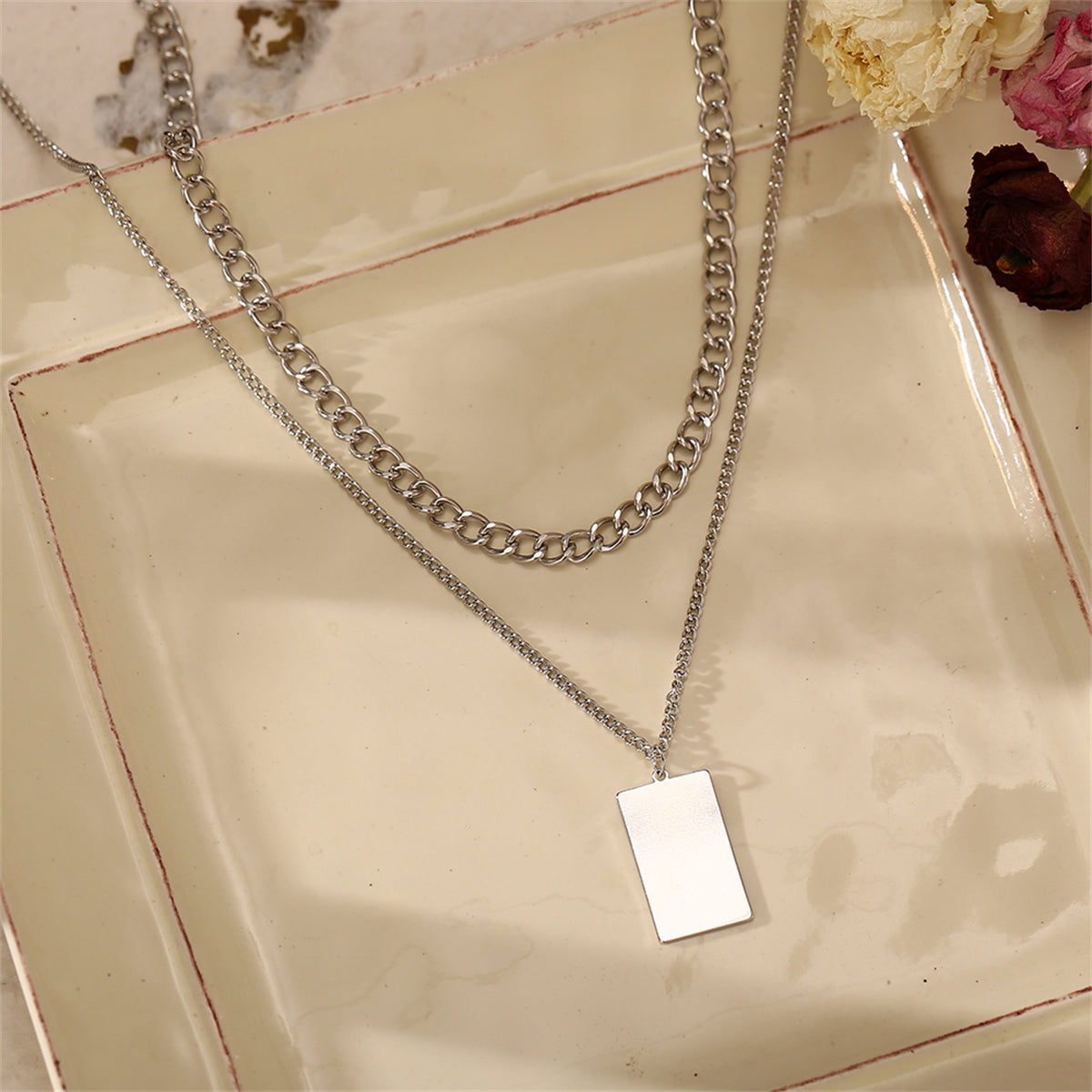 Silver-Plated Rectangle Layered Pendant Necklace, silver pendant necklace for women, everyday style, styled look
