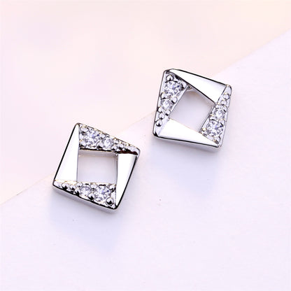 Cubic Zirconia and Silver-Plated Asymmetrical Rhombus Stud Earrings, silver stud earrings for women, front view