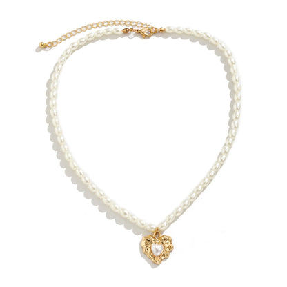 Pearl and 18K Gold-Plated Wrinkled Heart Pendant Necklace, gold pendant necklace for women, botanical inspired, side view