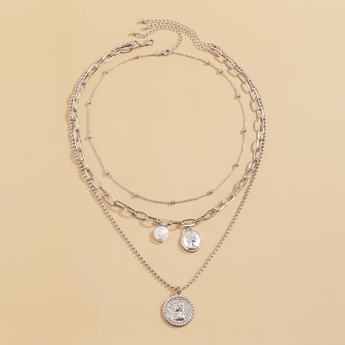 Pearl and Silver-Plated Coin Cable Chain Necklace Set, jewelry gift sets for women, elegant gift for her, detail close-up