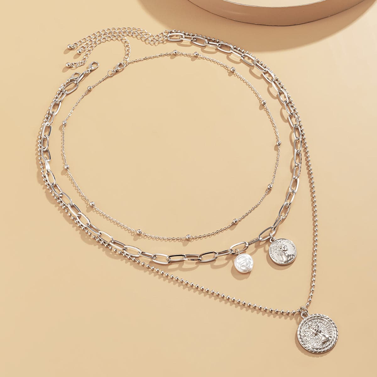 Pearl & Silver-Plated Coin Cable Chain Necklace Set