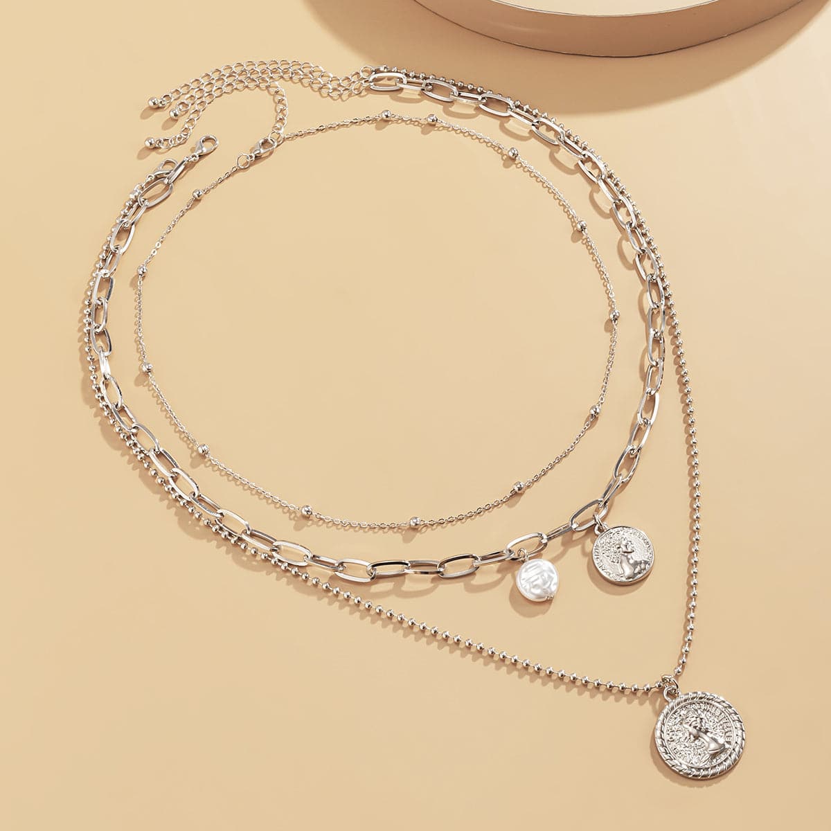 Pearl and Silver-Plated Coin Cable Chain Necklace Set, jewelry gift sets for women, elegant gift for her, lifestyle look