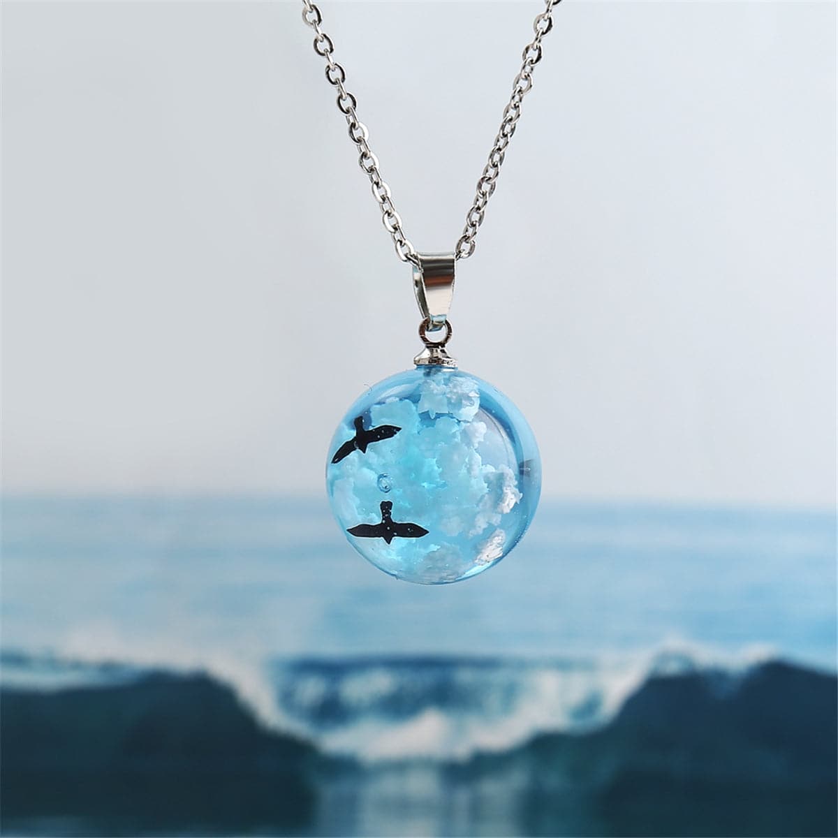 Blue Resin & Silver-Plated Cloud Bird Round Pendant Necklace